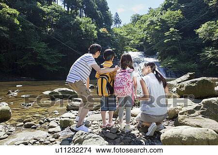 Picture - Family Standing by Mountain Stream. Fotosearch