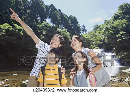 Stock Image - Family Standing by Mountain Stream. Fotosearch