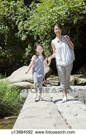 Stock Image - Mother and Daughter Crossing Bridge. Fotosearch