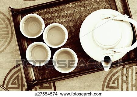 Picture - High angle view of a teapot and tea cups in a tray. Fotosearch