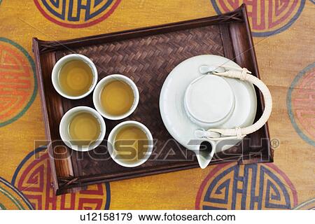 Stock Photo - High angle view of a teapot and tea cups in a tray. Fotosearch