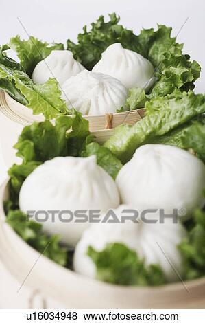 Stock Photo - High angle view of steamed dumplings in a steamer. Fotosearch