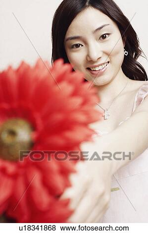 Portrait of a young woman holding flowers View Large Photo Image Stock Photo - Portrait of a young woman holding flowers. Fotosearch