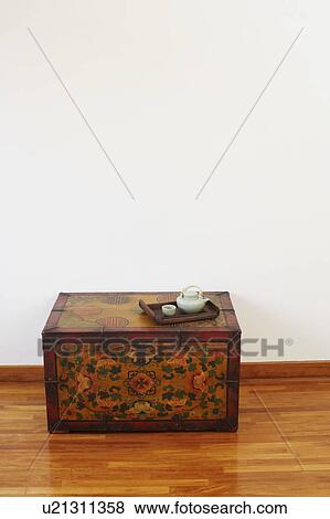 Teapot and a tea cup with a tray on a trunk View Large Photo Image Stock Photo - Teapot and a tea cup with a tray on a trunk. Fotosearch