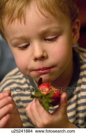 Boy age 4 eating a chocolate covered strawberry View Large Photo Image Picture - Boy age 4 eating a chocolate covered strawberry. Fotosearch