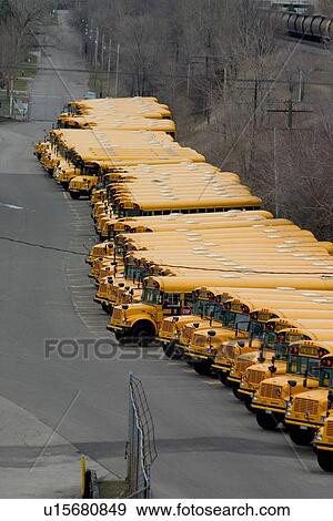 Stock Photo - Line up of orange school buses. Fotosearch