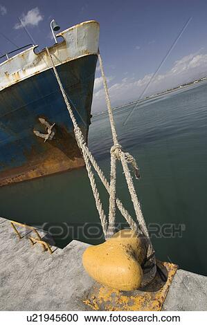 Stock Image - Cleat, Close-Up, Container Ship, Day, Harbor. Fotosearch