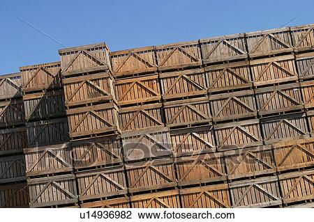 Stock Image - wooden, wood, crates, boxes, containers, stored. Fotosearch