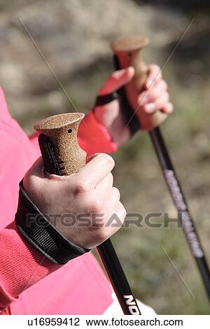 Stock Image - Female Nordic walker, close up of hands and pole straps. Fotosearch
