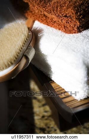 Bathroom Display of Scrub Brush, Soap, and Towels View Large Photo Image Stock Image - Bathroom Display of Scrub Brush, Soap, and Towels. Fotosearch