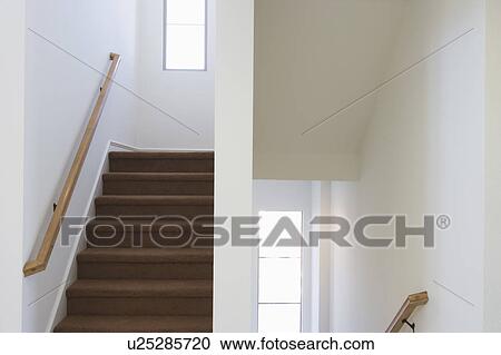 Stock Image - Contemporary Stairwell with Brown Carpet. Fotosearch