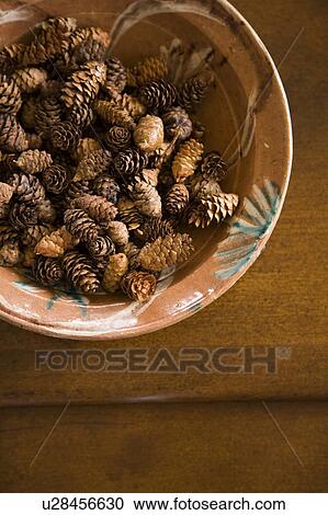 Stock Image - Detail of bowl filled with miniature pine cones. Fotosearch