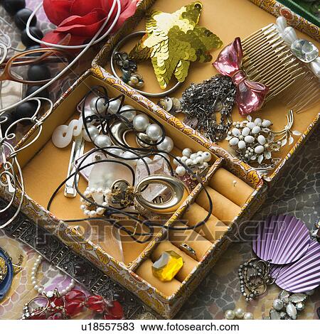 Stock Image - Above view of open jewelry box sitting on top of dresser.. Fotosearch