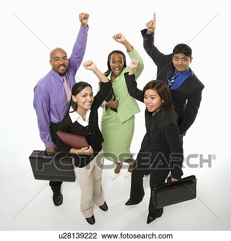 Business group standing holding briefcases and cheering View Large Photo Image Stock Image - Business group standing holding briefcases and cheering. Fotosearch