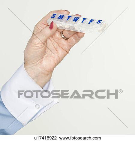 Stock Image - female hand holding pill box. Fotosearch