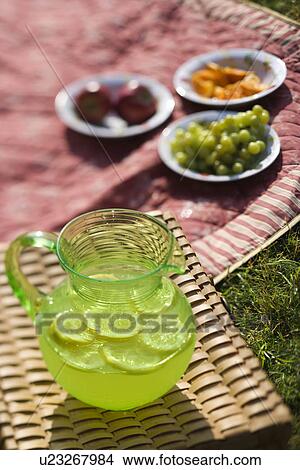 Picture - Green plastic pitcher of lemonade and lemons with a picnic spread out in the background. Fotosearch