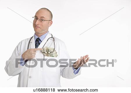 Stock Photo - physician with cash hanging out of pocket. Fotosearch