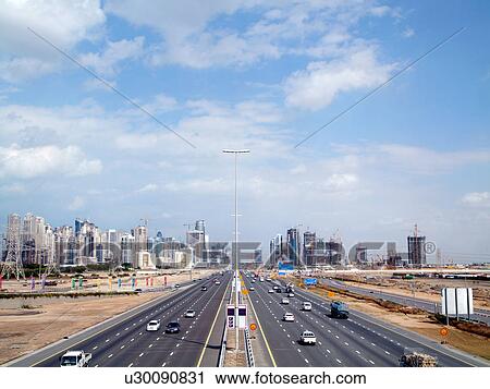 Stock Image - Dubai, dubai, marina, outdoor, media, panel, highway. Fotosearch