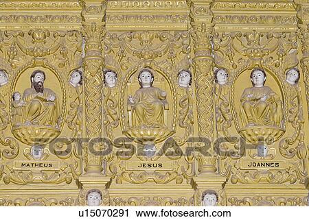Stock Image - Carving on the wall of a church, St. Francis Xavier Church, Old Goa, Goa, India. Fotosearch
