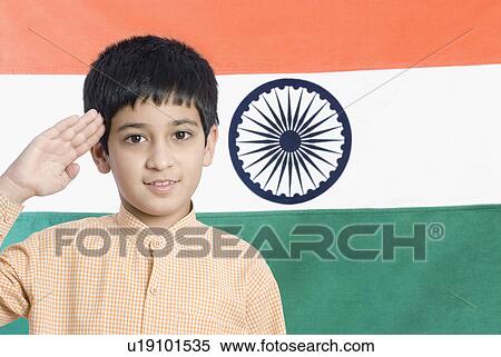 Close-up of a boy saluting in front of the Indian flag View Large Photo Image Stock Photography - Close-up of a boy saluting in front of the Indian flag. Fotosearch
