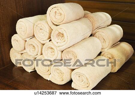 Close-up of a stack of towels View Large Photo Image Stock Photo - Close-up of a stack of towels. Fotosearch
