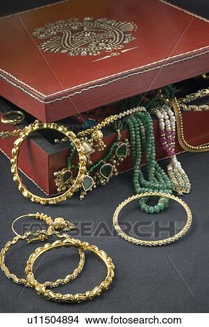 Close-up of jewelry spilling from a box View Large Photo Image Picture - Close-up of jewelry spilling from a box. Fotosearch