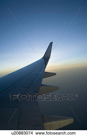 Close-up of the wing of an airplane at dusk View Large Photo Image Picture - Close-up of the wing of an airplane at dusk. Fotosearch