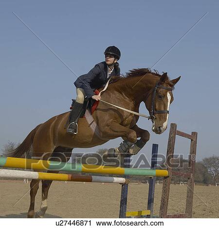 Stock Image - Female jockey riding a horse and jumping over the hurdle. Fotosearch