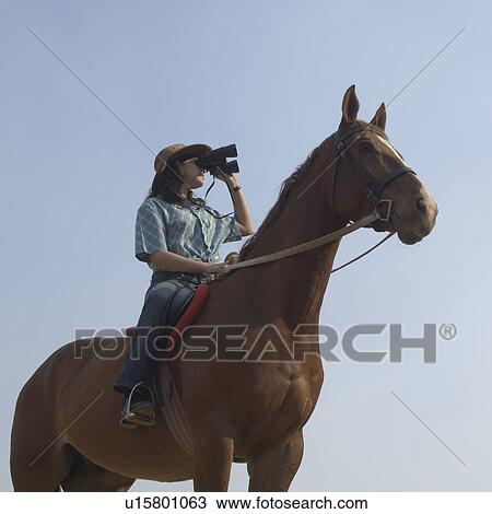Low angle view of a teenage girl riding a horse and looking through a pair of binoculars View Large Photo Image Stock Image - Low angle view of a teenage girl riding a horse and looking through a pair of binoculars. Fotosearch