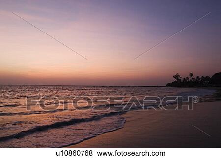 Stock Photo - Panoramic view of the sea at dusk, Morjim Beach, Goa, India. Fotosearch