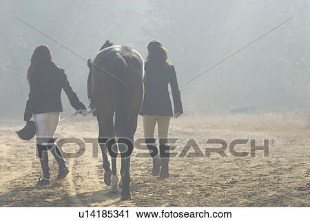 Stock Image - Rear view of two women walking with a horse. Fotosearch