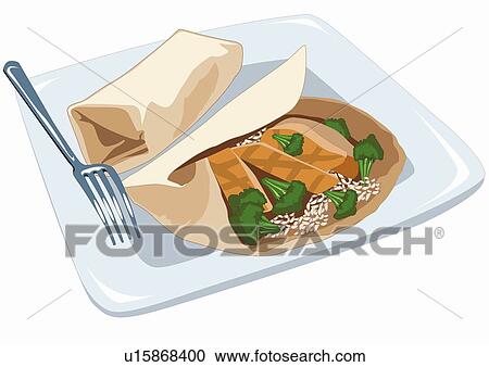 Stock Image - Pita wrap with broccoli and chicken. Fotosearch