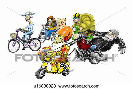 Stock Image - Various two-wheeled vehicles and their owners. Fotosearch
