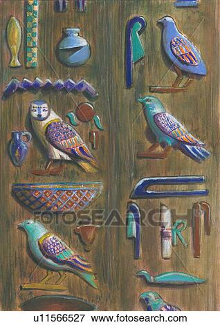 Stock Photo - Wood carving with birds, fish, knives, and other objects. Fotosearch
