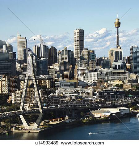 Aerial view of Anzac Bridge and buildings in Sydney, Australia. View Large Photo Image Stock Photo - Aerial view of Anzac Bridge and buildings in Sydney, Australia.. Fotosearch