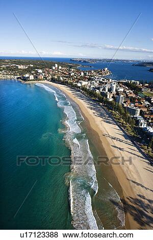 Aerial view of beachfront buildings and ocean in Sydney, Australia. View Large Photo Image Stock Photo - Aerial view of beachfront buildings and ocean in Sydney, Australia.. Fotosearch