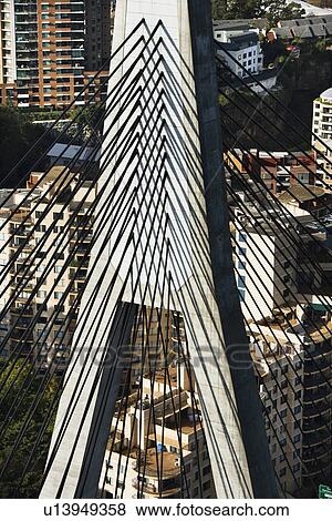 Stock Photo - Aerial view of detail of Anzac Bridge and buildings in Sydney, Australia.. Fotosearch