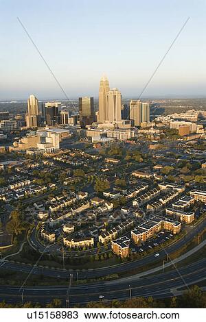 Stock Image - Aerial view of downtown buildings in Charlotte, North Carolina. Fotosearch