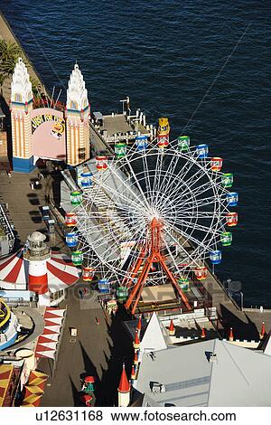 Aerial view of ferris wheel in Luna Park Sydney, Australia. View Large Photo Image Stock Photo - Aerial view of ferris wheel in Luna Park Sydney, Australia.. Fotosearch