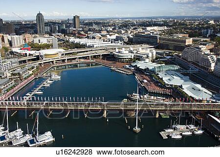 Stock Photo - Aerial view of Pyrmont Bridge and boats in Darling Harbour, Sydney, Australia. Fotosearch