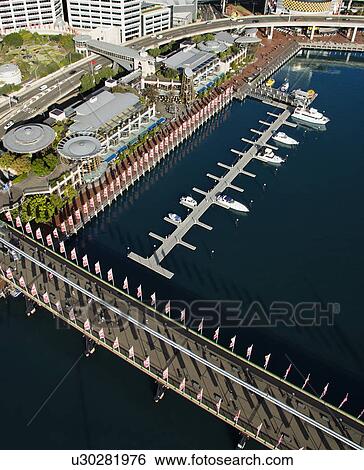 Aerial view of Pyrmont Bridge and boats in Darling Harbour, Sydney, Australia View Large Photo Image Stock Photograph - Aerial view of Pyrmont Bridge and boats in Darling Harbour, Sydney, Australia. Fotosearch