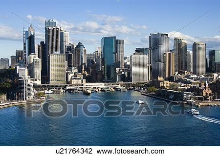 Stock Image - Aerial view of skyscrapers and Sydney Cove in Sydney, Australia.. Fotosearch