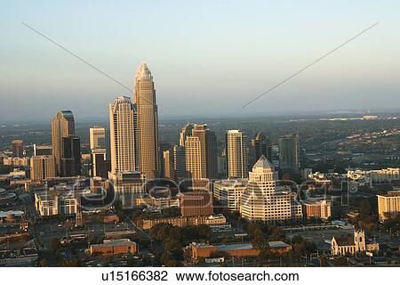 Stock Image - Aerial view of uptown buildings in Charlotte, North Carolina. Fotosearch