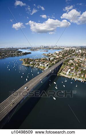 Aerial view of Victoria Road bridge and boats in Sydney, Australia. View Large Photo Image Stock Photo - Aerial view of Victoria Road bridge and boats in Sydney, Australia.. Fotosearch