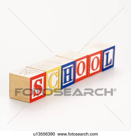 Stock Image - Alphabet toy building blocks spelling the word school.. Fotosearch
