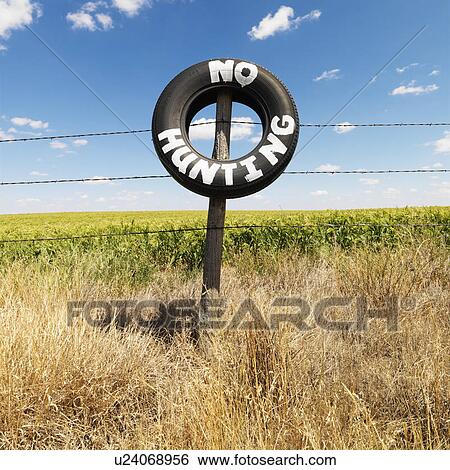 Barbed wire fence with tire reading No Hunting in front of agricultural field. View Large Photo Image Stock Photograph - Barbed wire fence with tire reading No Hunting in front of agricultural field.. Fotosearch