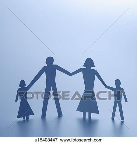 Stock Photo - Cutout people family of four standing holding hands.. Fotosearch