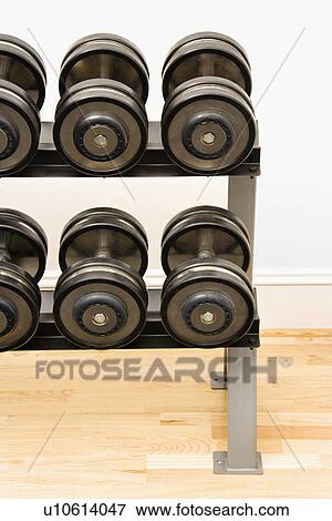 Hand weights on rack at gym View Large Photo Image Stock Photo - Hand weights on rack at gym. Fotosearch