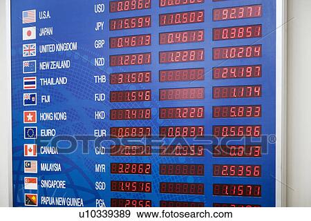 Stock Photo - LED display containing international currency exchange rates. Fotosearch