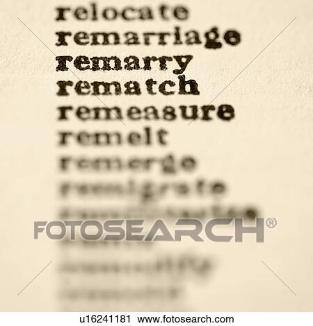 Stock Image - List of words in alphabetical order including words remarry and rematch.. Fotosearch